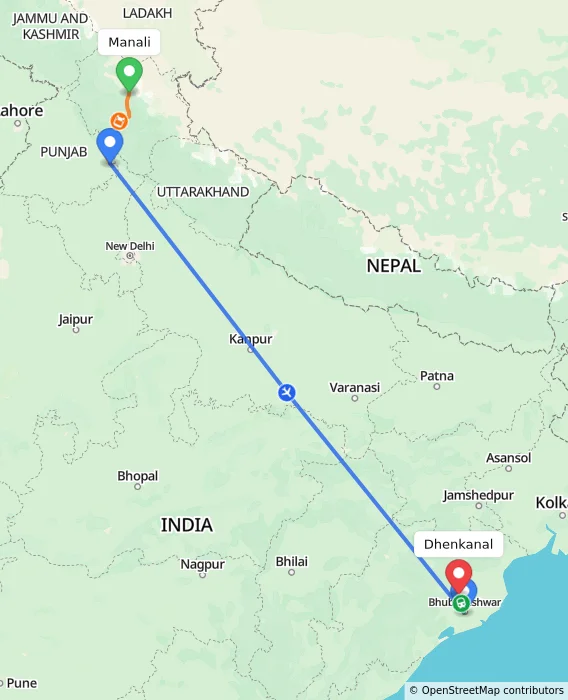 Route map showing distance and travel time from Manali, India to Dhenkanal, India