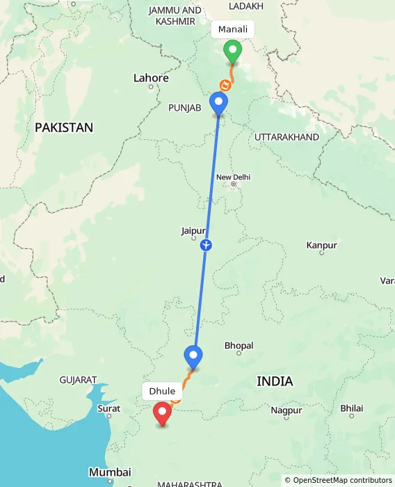 Route map showing distance and travel time from Manali, India to Dhule, India