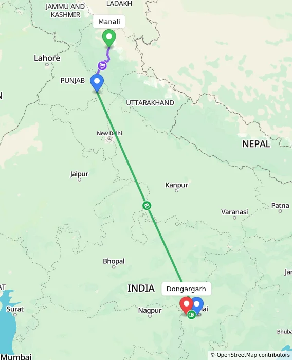 Route map showing distance and travel time from Manali, India to Dongargarh, India