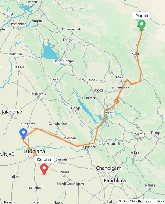 Route map showing distance and travel time from Manali, India to Doraha, India