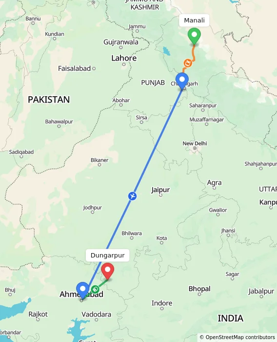 Route map showing distance and travel time from Manali, India to Dungarpur, India