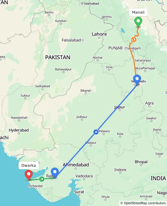 Route map showing distance and travel time from Manali, India to Dwarka, India
