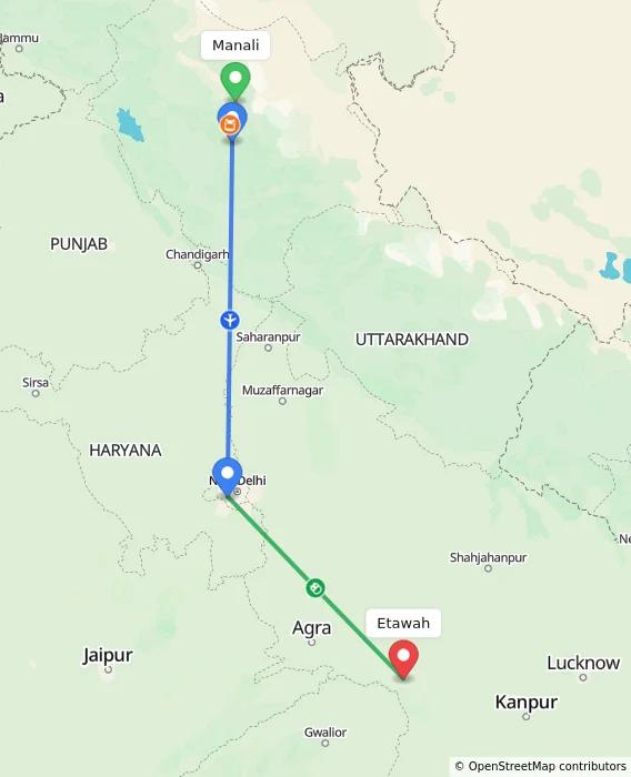 Route map showing distance and travel time from Manali, India to Etawah, India