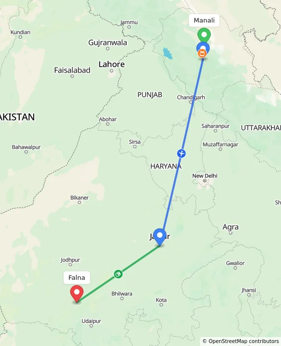 Route map showing distance and travel time from Manali, India to Falna, India