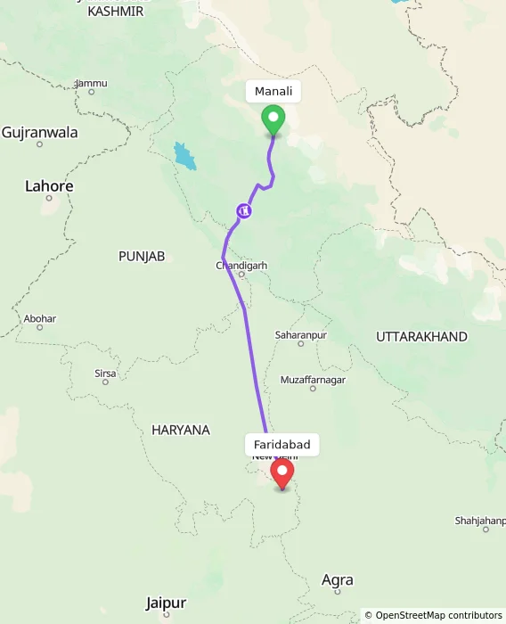 Route map showing distance and travel time from Manali, India to Faridabad, India