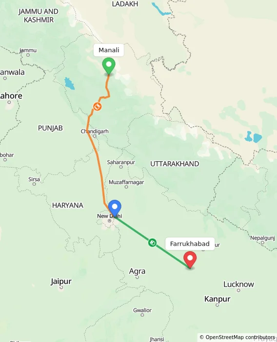 Route map showing distance and travel time from Manali, India to Farrukhabad, India