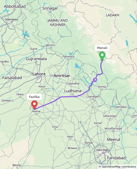 Route map showing distance and travel time from Manali, India to Fazilka, India