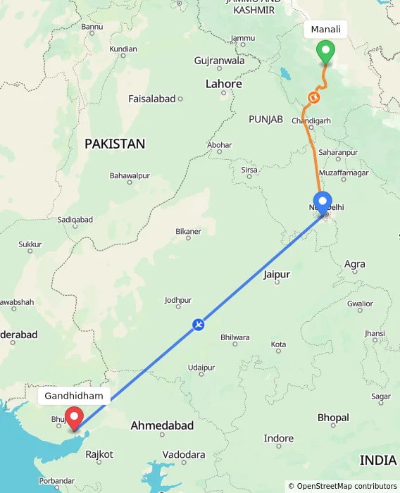 Route map showing distance and travel time from Manali, India to Gandhidham, India