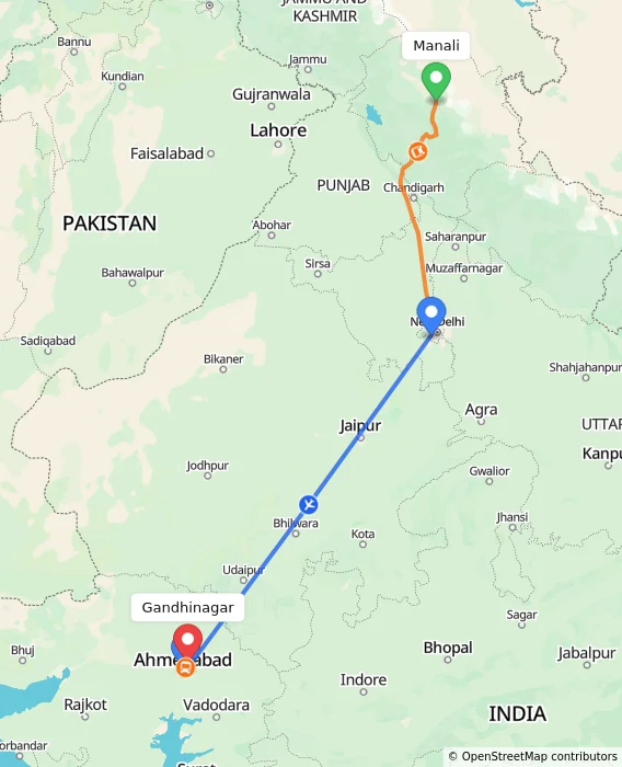Route map showing distance and travel time from Manali, India to Gandhinagar, India