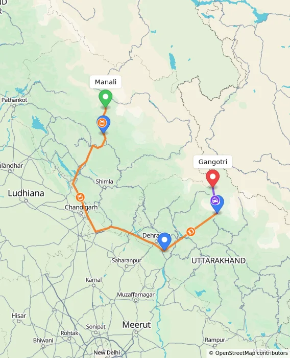 Route map showing distance and travel time from Manali, India to Gangotri, India