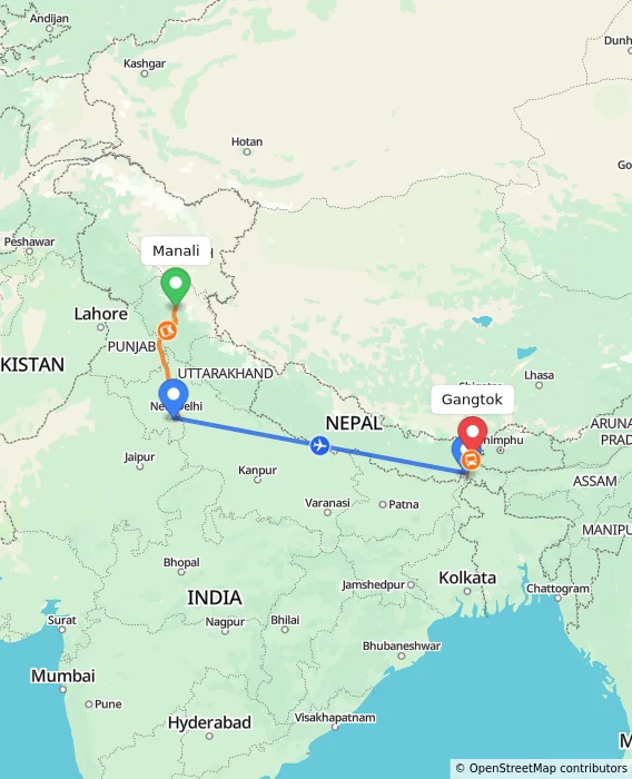 Route map showing distance and travel time from Manali, India to Gangtok, India