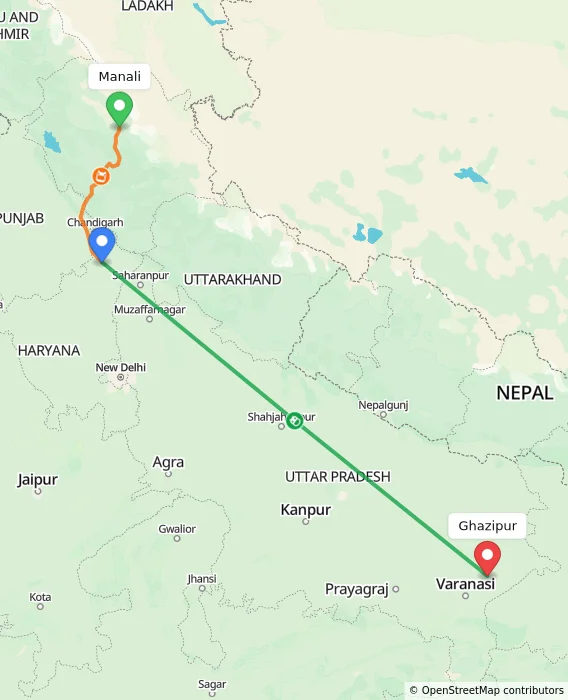 Route map showing distance and travel time from Manali, India to Ghazipur, India