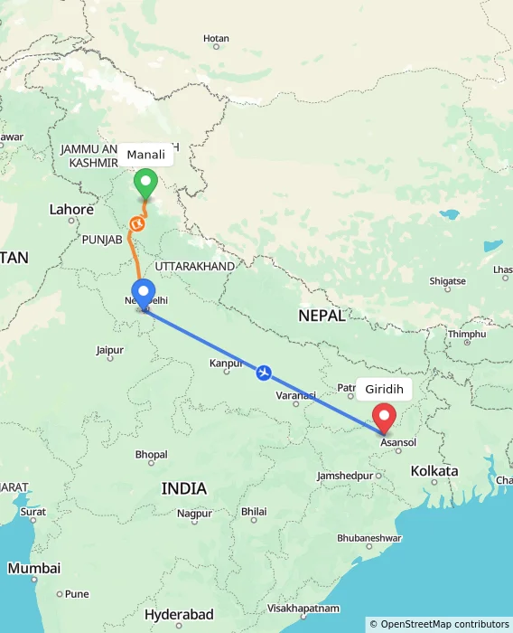 Route map showing distance and travel time from Manali, India to Giridih, India