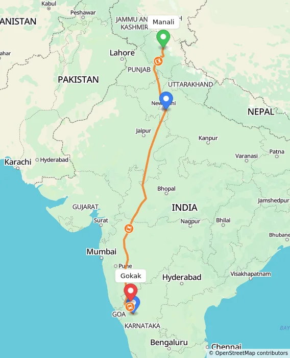 Route map showing distance and travel time from Manali, India to Gokak, India