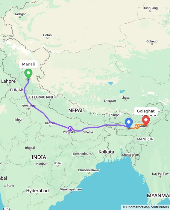 Route map showing distance and travel time from Manali, India to Golaghat, India