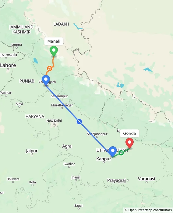 Route map showing distance and travel time from Manali, India to Gonda, India
