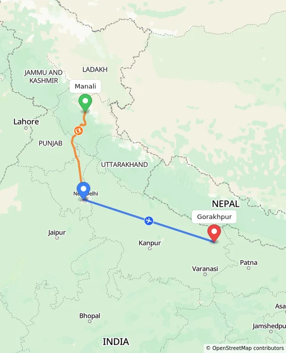 Route map showing distance and travel time from Manali, India to Gorakhpur, India