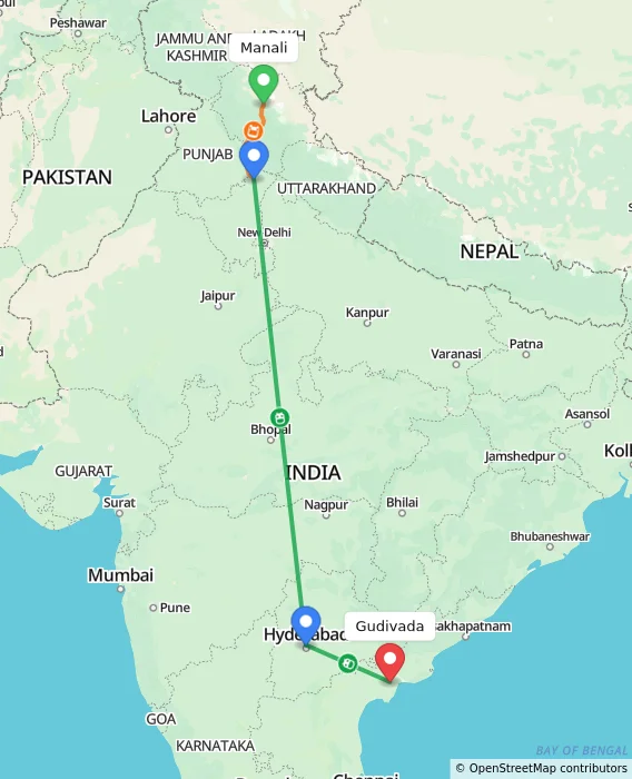Route map showing distance and travel time from Manali, India to Gudivada, India
