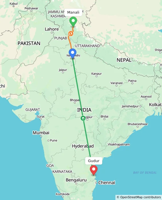 Route map showing distance and travel time from Manali, India to Gudur, India