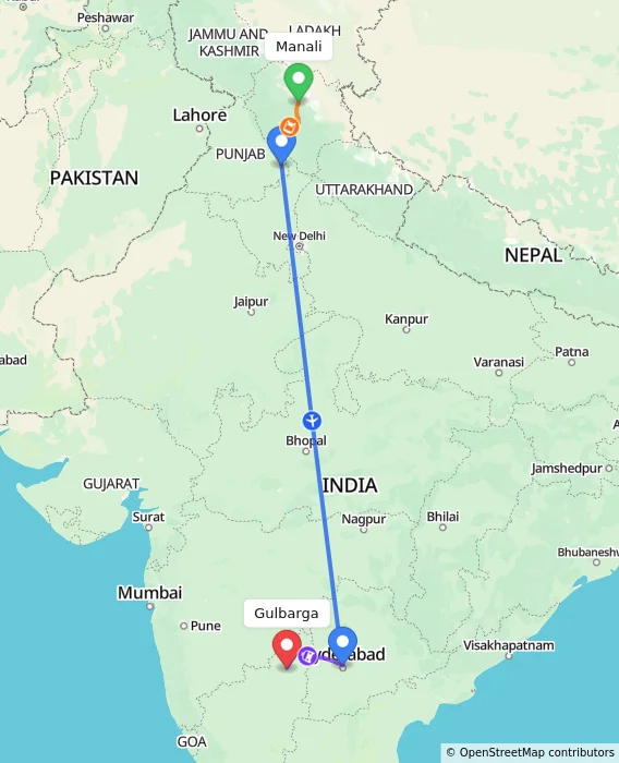 Route map showing distance and travel time from Manali, India to Gulbarga, India