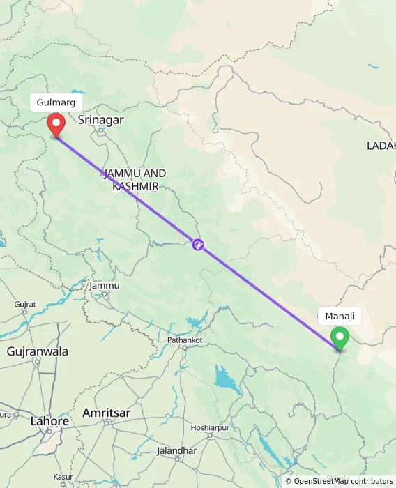 Route map showing distance and travel time from Manali, India to Gulmarg, India