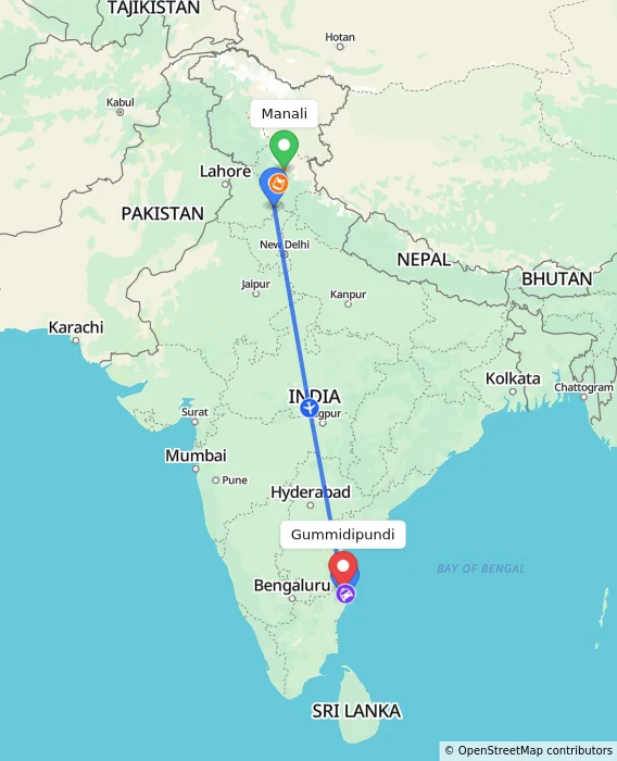 Route map showing distance and travel time from Manali, India to Gummidipundi, India