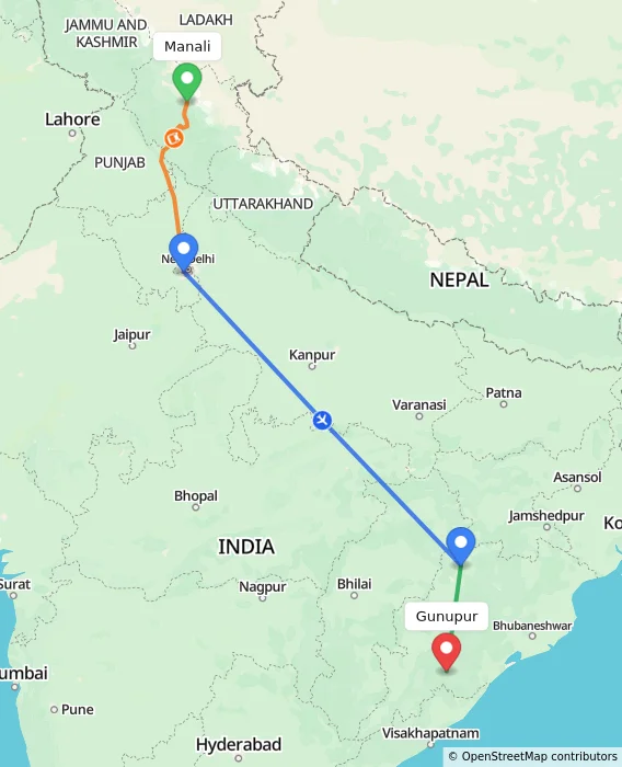 Route map showing distance and travel time from Manali, India to Gunupur, India