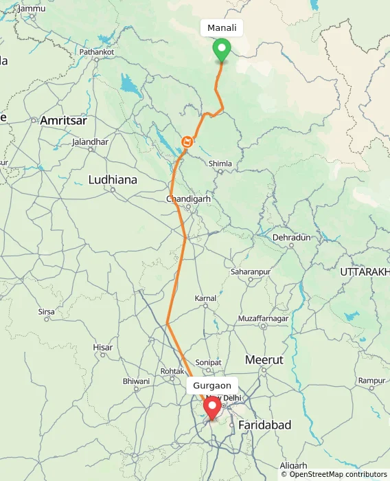 Route map showing distance and travel time from Manali, India to Gurgaon, India