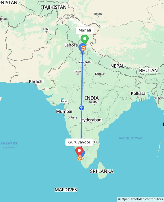 Route map showing distance and travel time from Manali, India to Guruvayoor, India