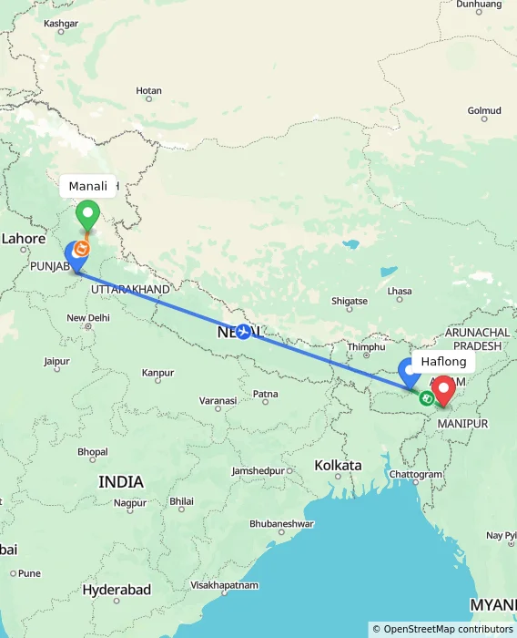 Route map showing distance and travel time from Manali, India to Haflong, India