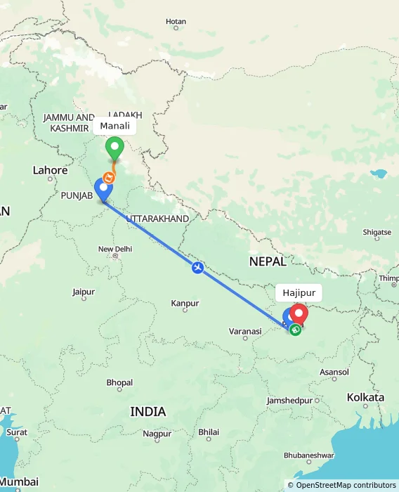 Route map showing distance and travel time from Manali, India to Hajipur, India