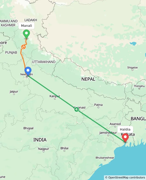 Route map showing distance and travel time from Manali, India to Haldia, India