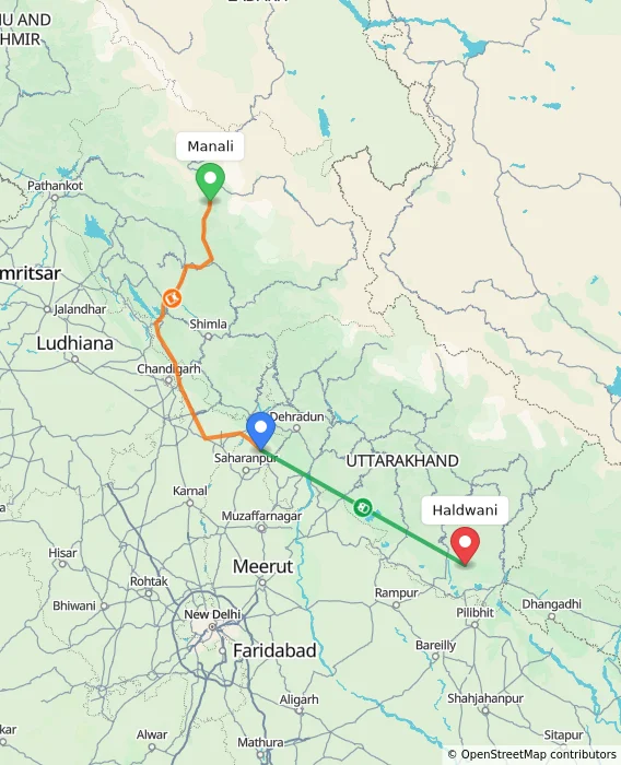 Route map showing distance and travel time from Manali, India to Haldwani, India