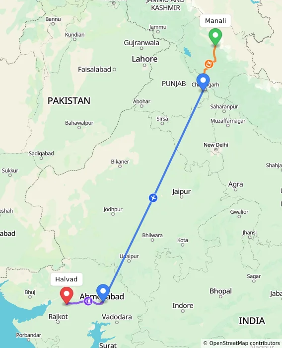 Route map showing distance and travel time from Manali, India to Halvad, India