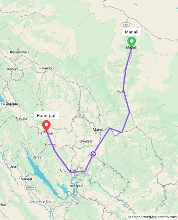 Route map showing distance and travel time from Manali, India to Hamirpur, India