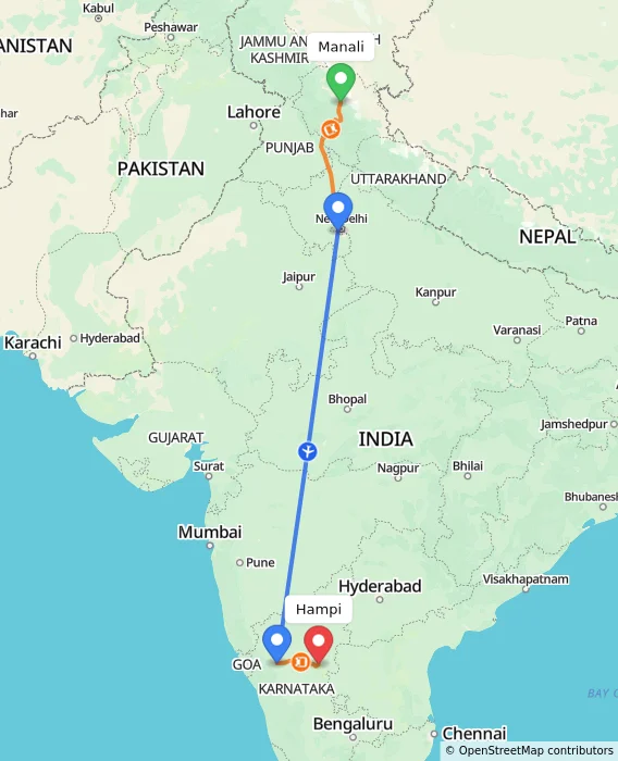 Route map showing distance and travel time from Manali, India to Hampi, India