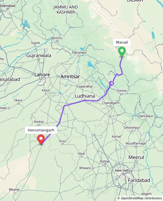 Route map showing distance and travel time from Manali, India to Hanumangarh, India