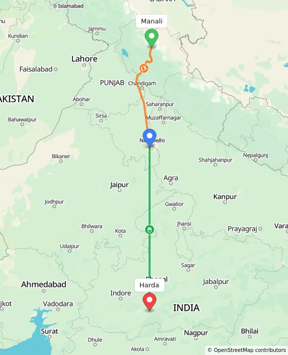 Route map showing distance and travel time from Manali, India to Harda, India