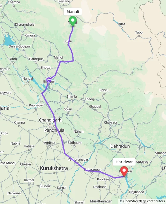 Route map showing distance and travel time from Manali, India to Haridwar, India