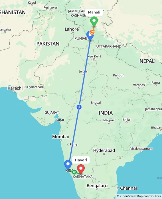 Route map showing distance and travel time from Manali, India to Haveri, India