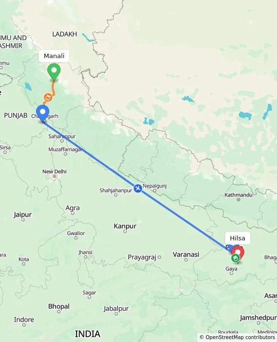 Route map showing distance and travel time from Manali, India to Hilsa, India