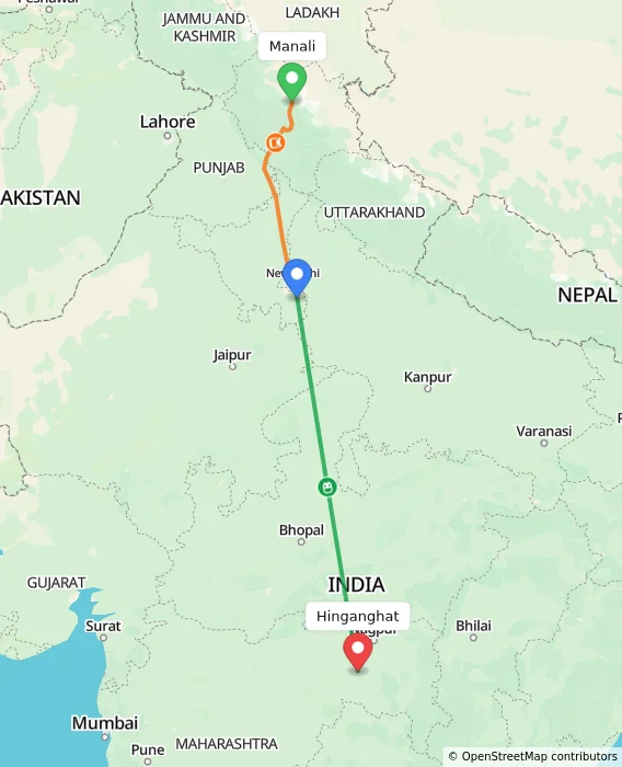 Route map showing distance and travel time from Manali, India to Hinganghat, India