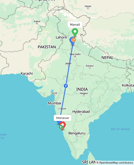 Route map showing distance and travel time from Manali, India to Honavar, India