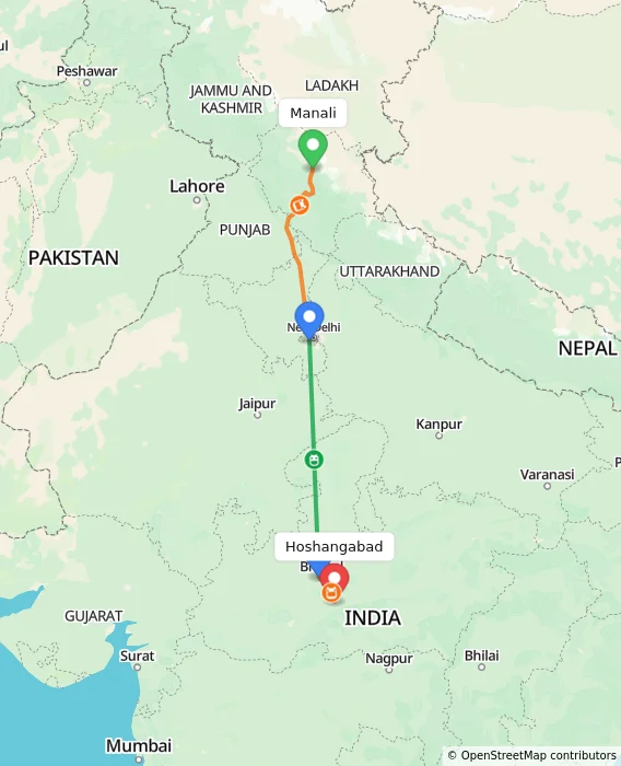Route map showing distance and travel time from Manali, India to Hoshangabad, India