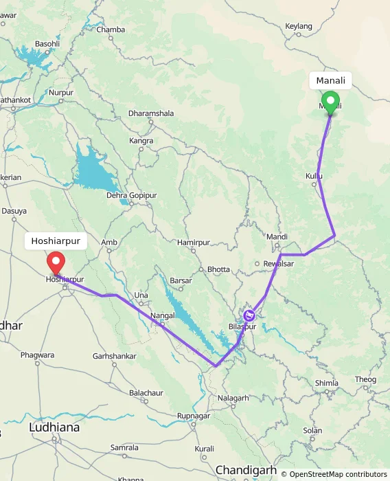 Route map showing distance and travel time from Manali, India to Hoshiarpur, India