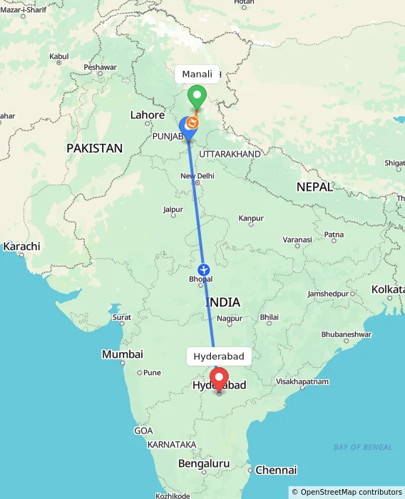 Route map showing distance and travel time from Manali, India to Hyderabad, India