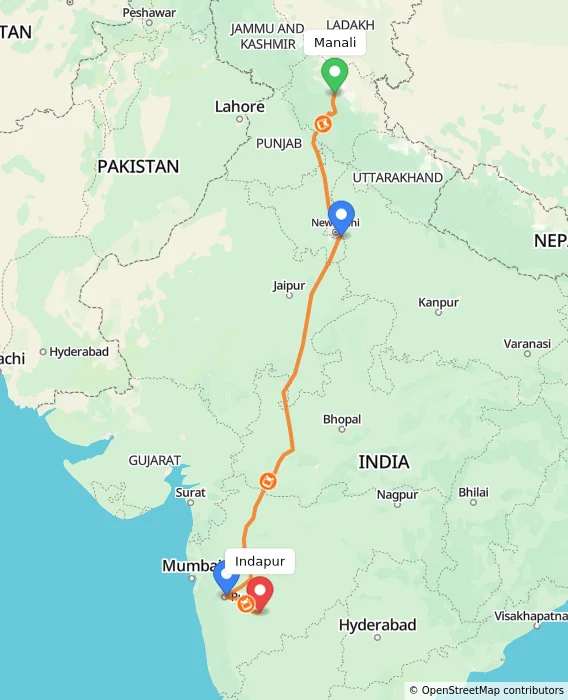 Route map showing distance and travel time from Manali, India to Indapur, India