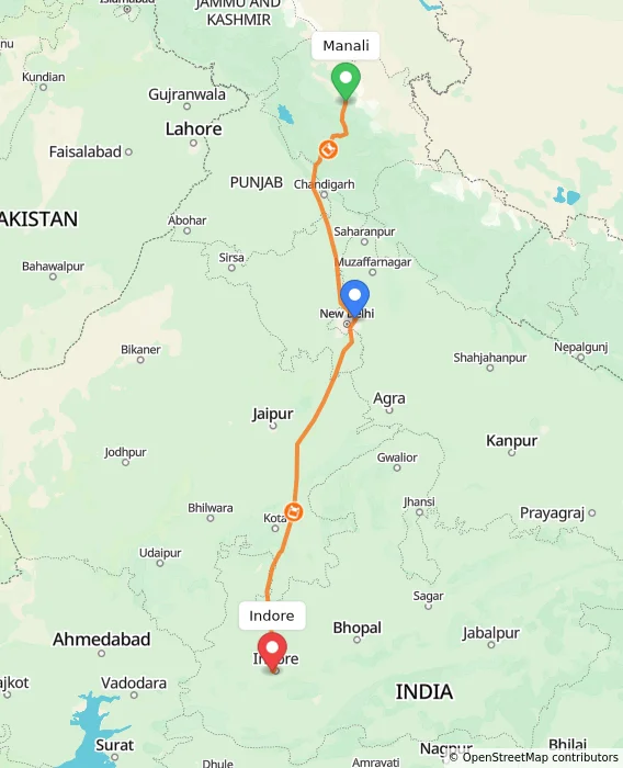 Route map showing distance and travel time from Manali, India to Indore, India