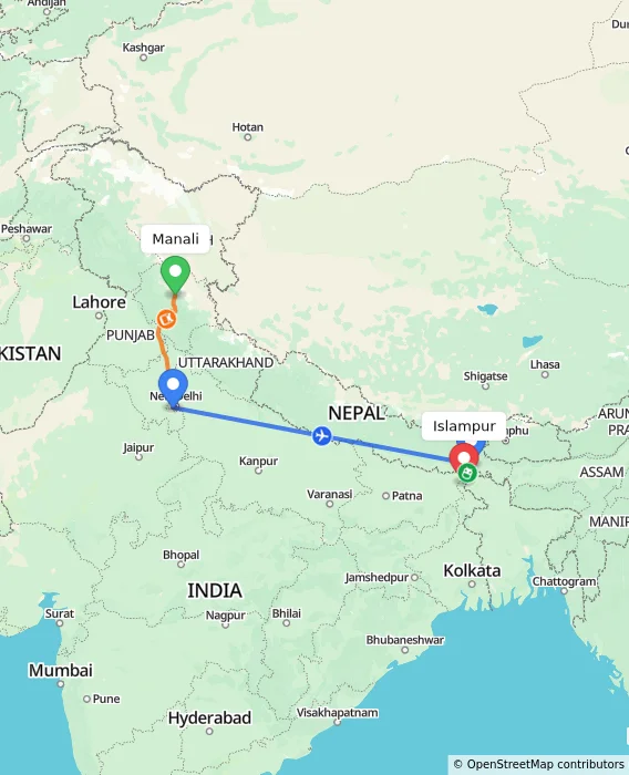Route map showing distance and travel time from Manali, India to Islampur, India