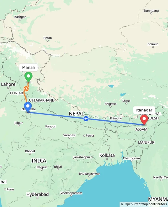 Route map showing distance and travel time from Manali, India to Itanagar, India